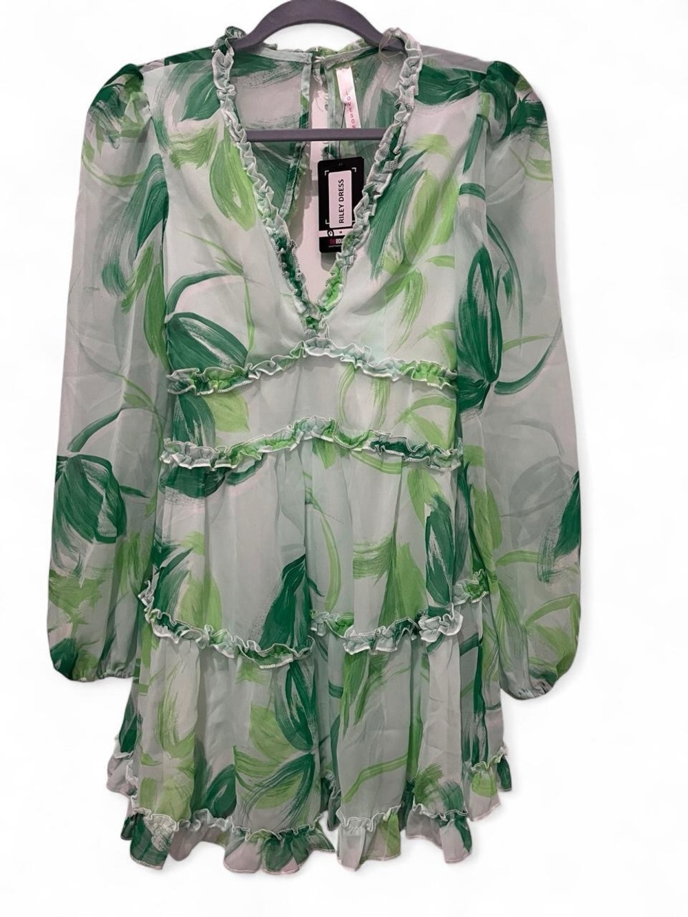 The O Boutique Green & Light Green Sheer Ruffle Tiered Mini Dress